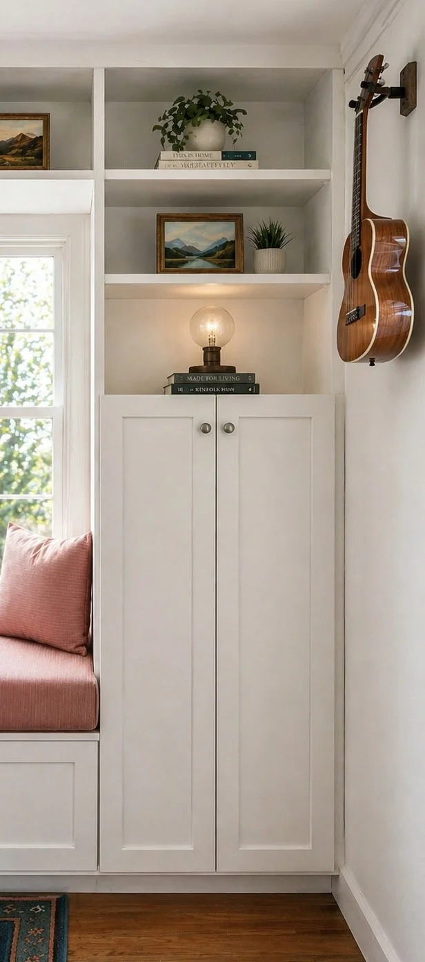 Side cabinet and illuminated open shelves beside the window seat