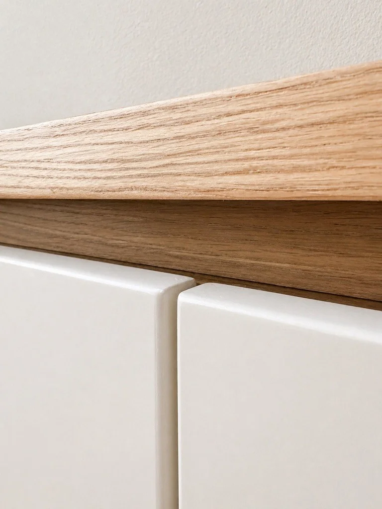 Close-up of the wood top, cabinet edge, and pale fronts of the Soft Oak Built-In