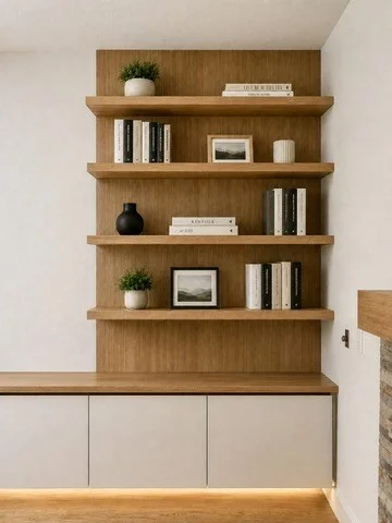 Wood-backed display shelves above pale cabinets, with lighting at the base