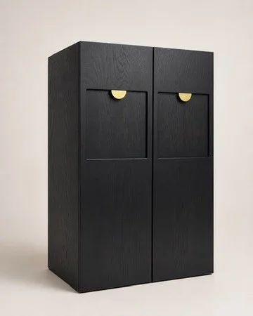 Dark freestanding cabinet with two doors and half-circle metallic handles
