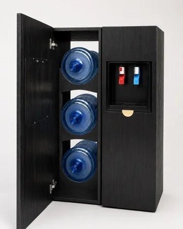 Open cabinet showing fitted storage for water bottles and supplies
