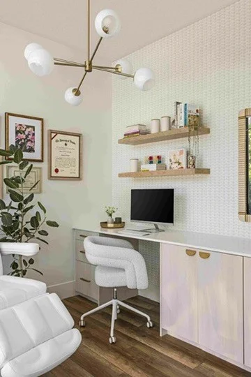 Built-in desk with pale cabinetry and floating shelves in a light-filled room