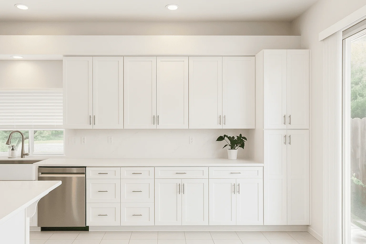 PIELA kitchen cabinetry with white fronts and dark hardware